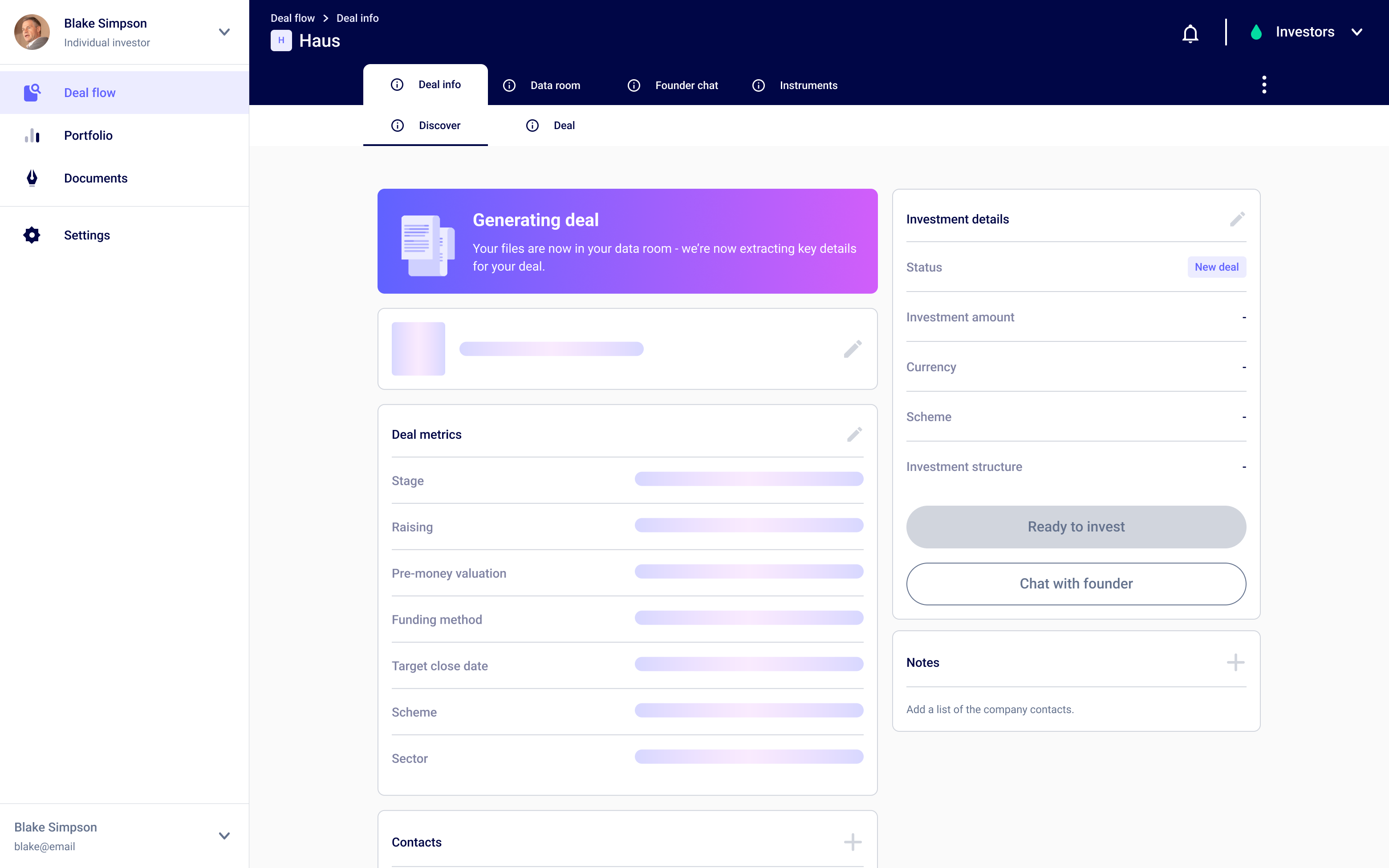 SeedLegals Investor app, AI extraction leading to a generated deal.