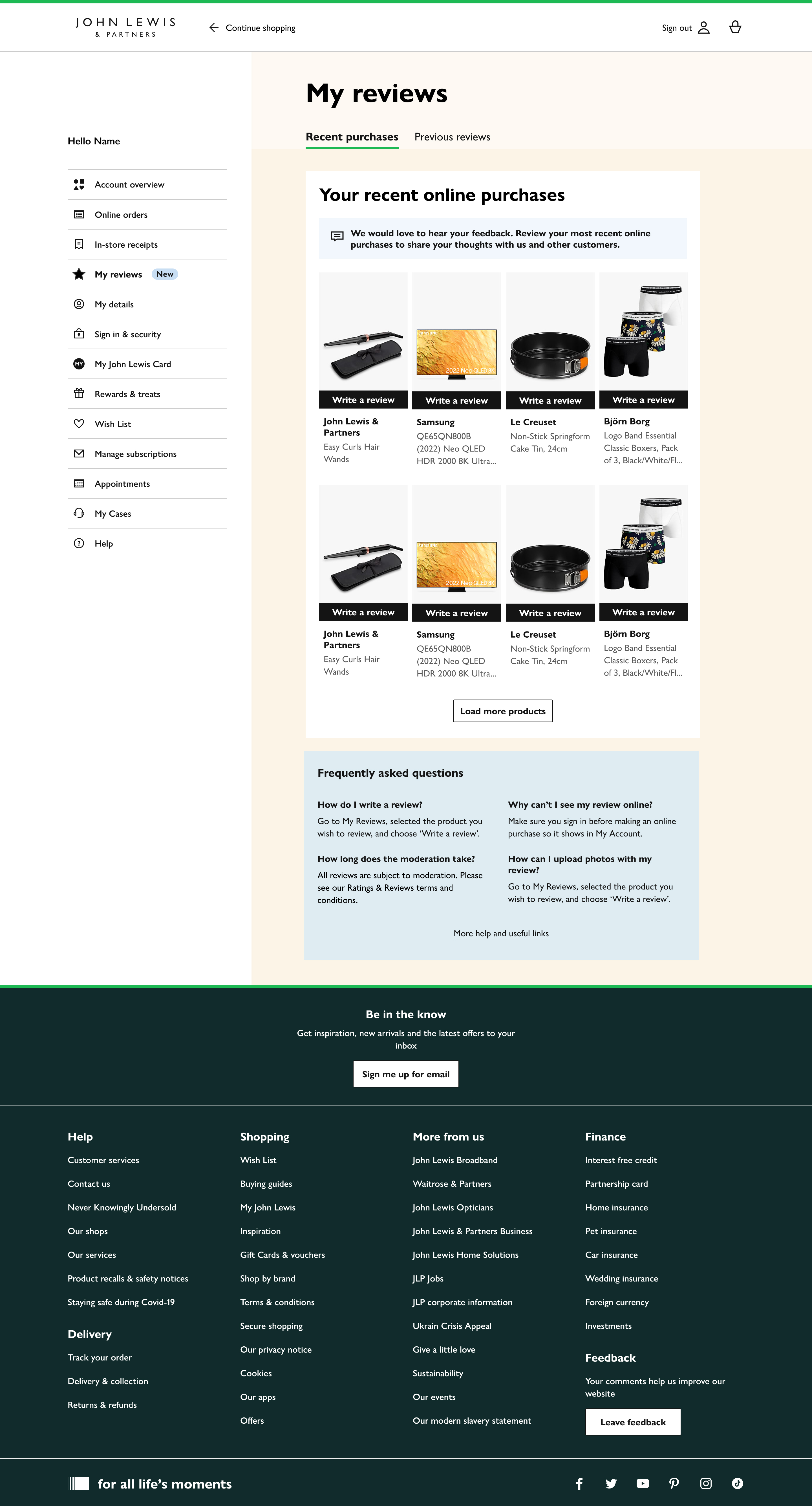 The My reviews page in My Account, listing recent purchases ready to review