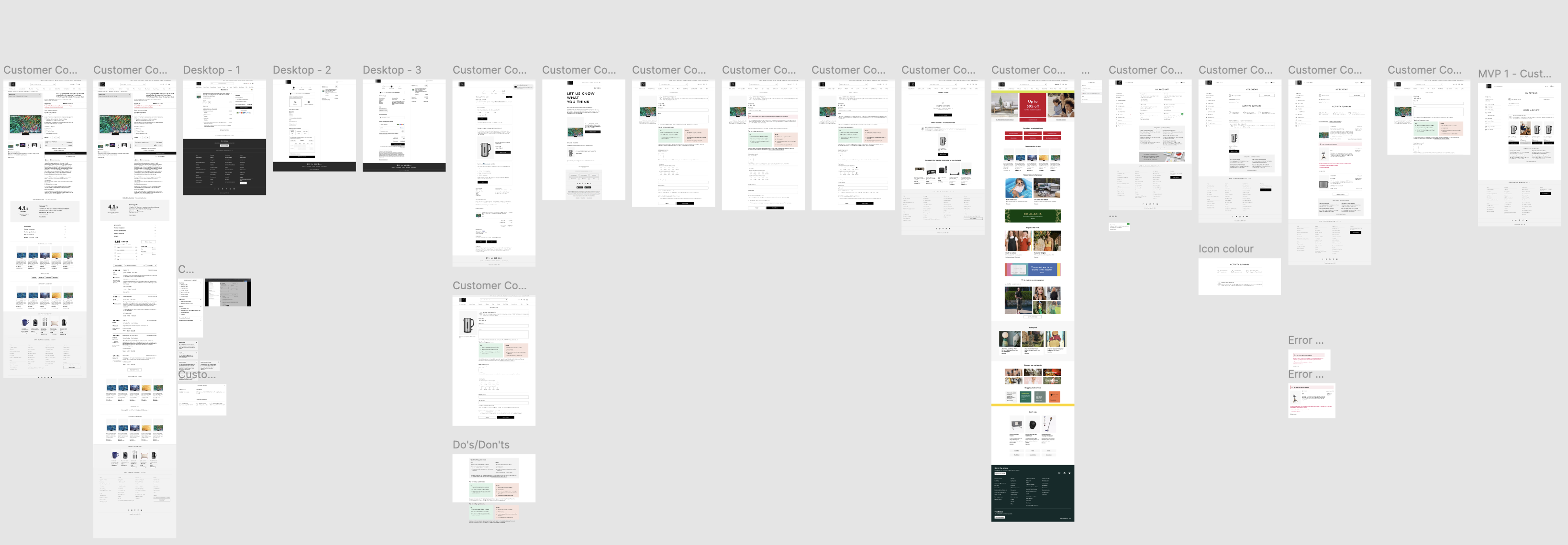 A board of desktop prototype screens and MVP explorations for the My Reviews journey